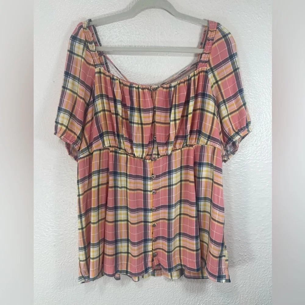 Torrid Plaid Button Down Front Square Neck Babydoll Blouse Women’s US 2X